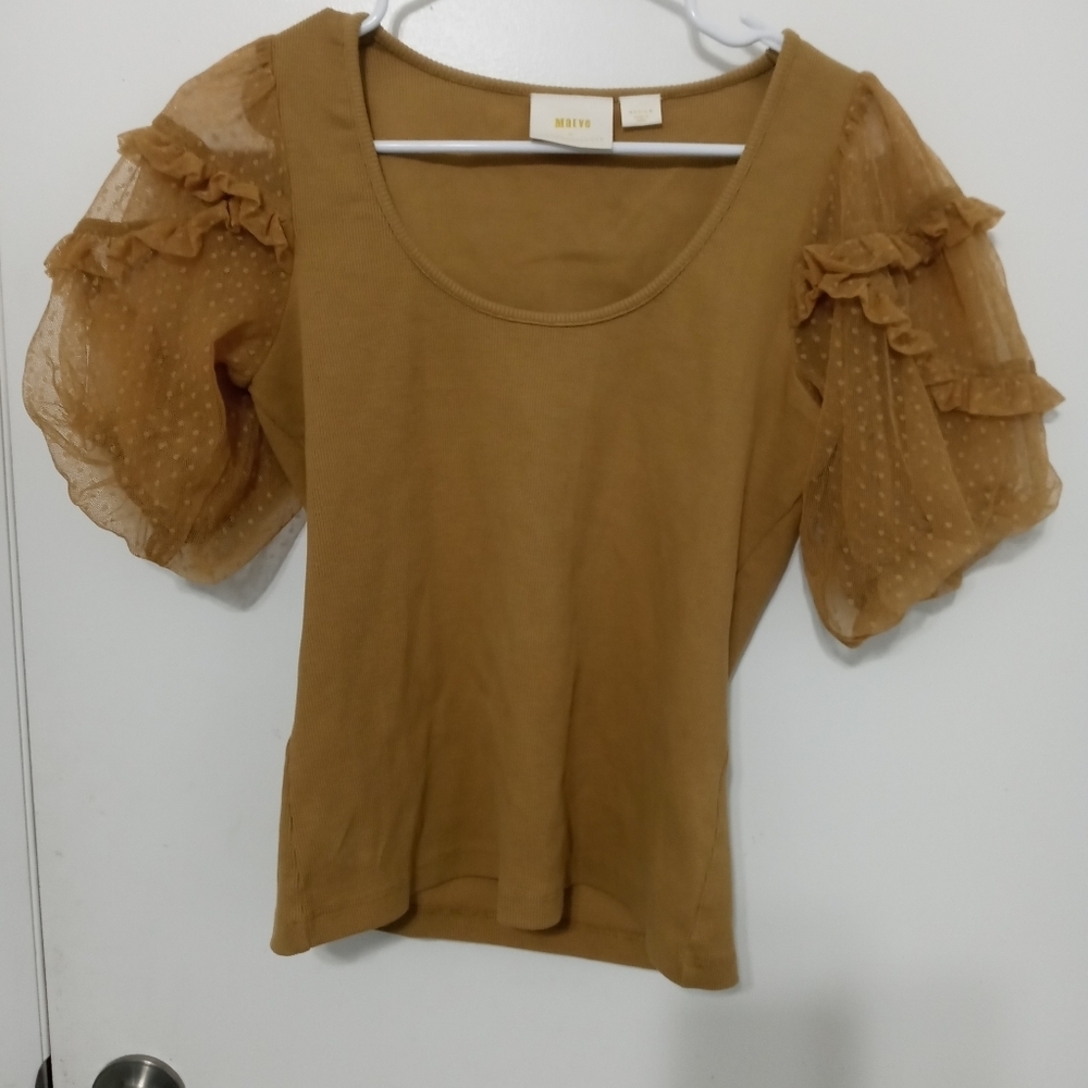 Maeve By Anthropologie Gold knit ribbed top w Layered Mesh Puff Short sleeves M